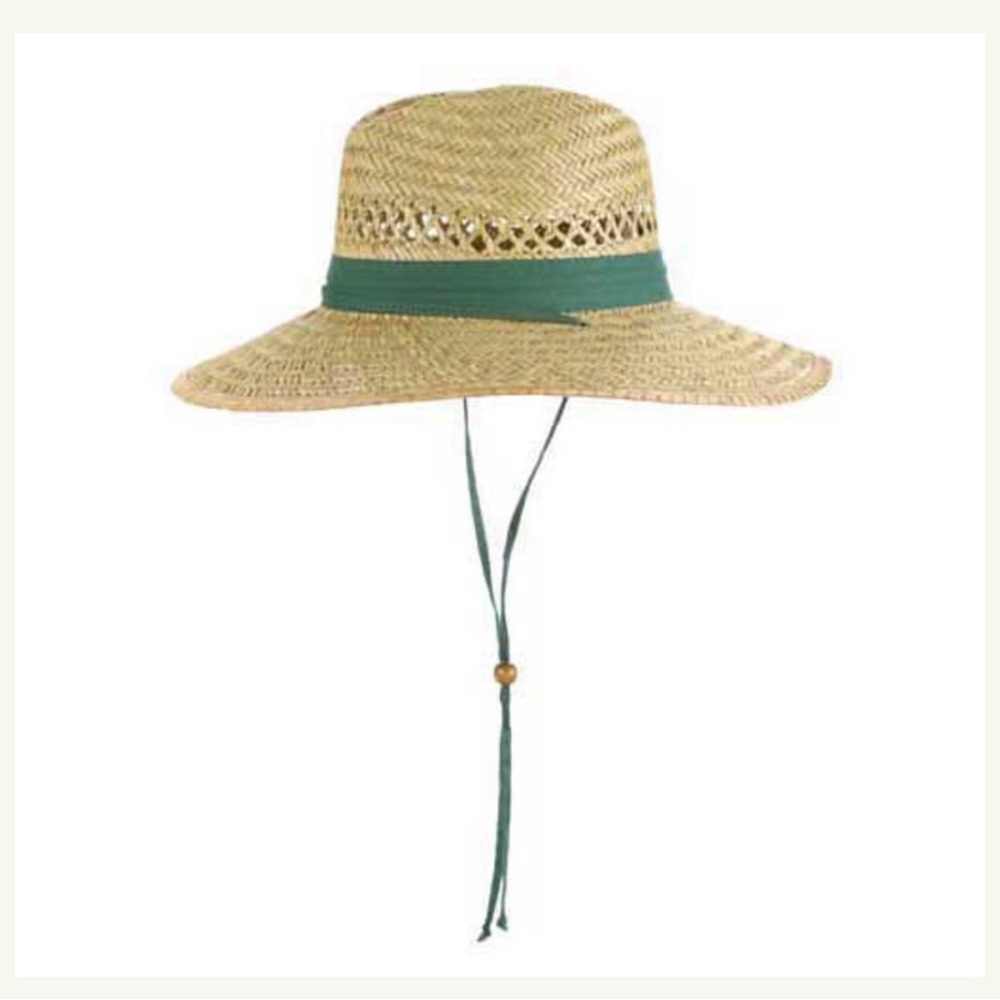 DPC Straw Sun Hat w/ Green Band & Chin Tie| Small Petite Tag Fits Medium–Large